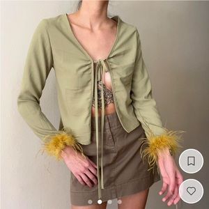 Long sleeve front tie top with feather cuffs